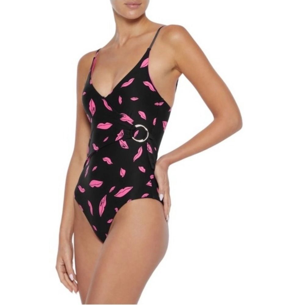Diane Von Furstenberg Black One-Piece Swimsuit with Pink Lip Motif
